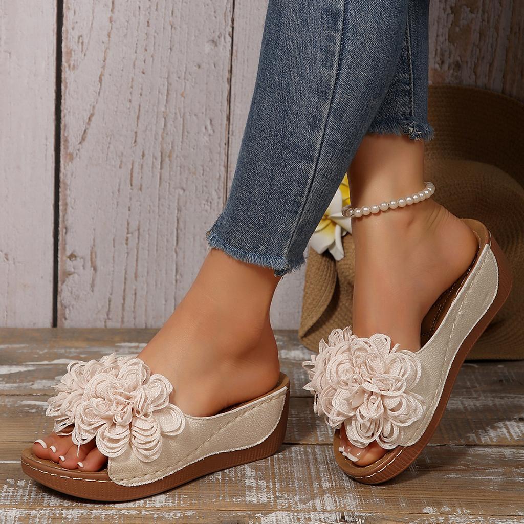 2025 European and American fashion casual flat-bottomed large-size slippers female flower lazy one pedal open-toe one-word slippers female