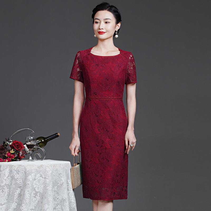 Summer 2023 Wine Red Lace Dress with Seven-Sleeve for Elegant Young Mothers