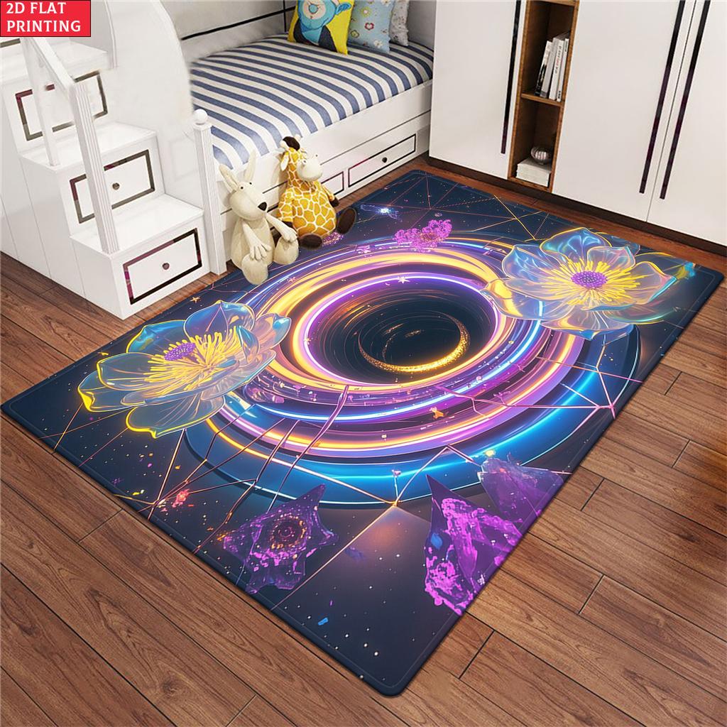 Neon Black Hole Lotus Rug, Galaxy Space Non-slip Carpet for Living Room Game Room Bedroom, Aesthetic Floral Floor Mat Home Decor
