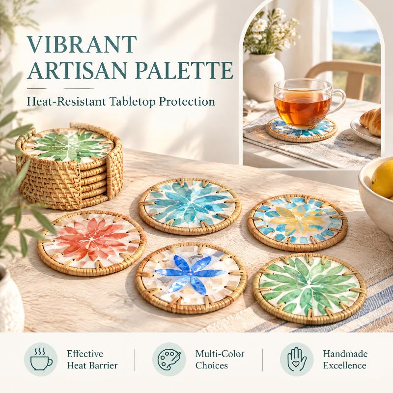 Set de Suporturi de Pahare Împletite din Ratane, Lucrate Manual, cu Incrustații Florale Colorate din Sidef, pentru Decorarea Mesei de Acasă