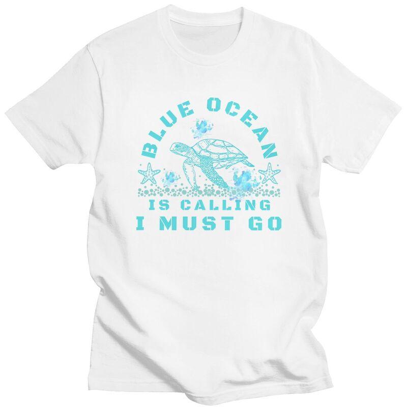 Classic Turtle Blue Ocean Is Calling T Shirt Men Short Sleeve Tshirt Casual Tee For Husband Father Pure Cotton Oversized Tshirt