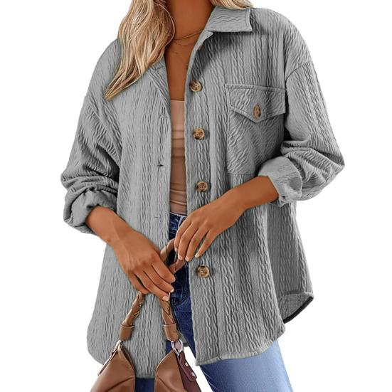 Camicia da donna con risvolto, manica lunga, tasca con patta, monopetto, tinta unita, trama intrecciata, vestibilità oversize, giacca