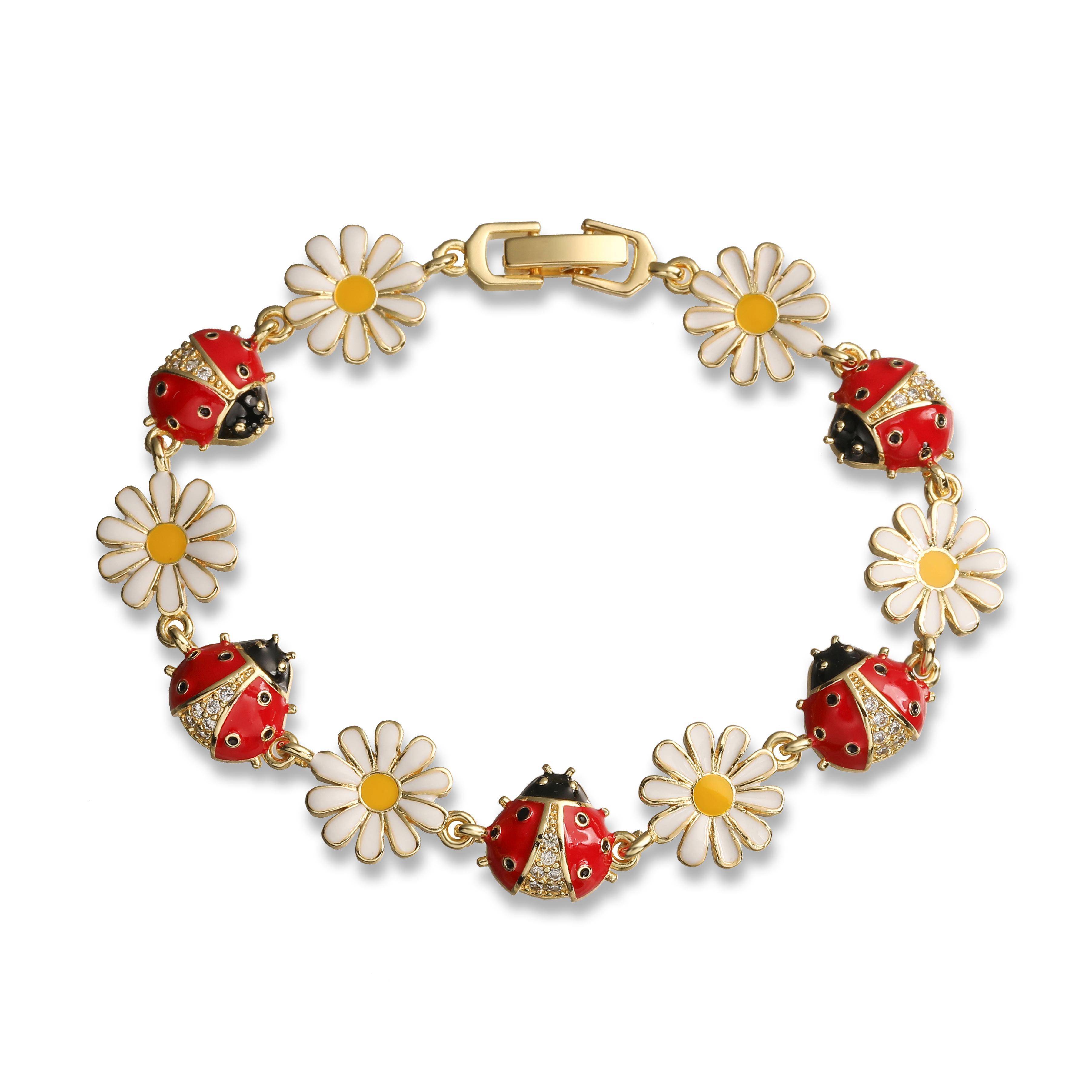 

HECHENG, Enamel Autumn Chrysanthemum Red Beetle Splicing Bracelet Sweet and Romantic Women s Metal Zircon 1 piece Other&19cm