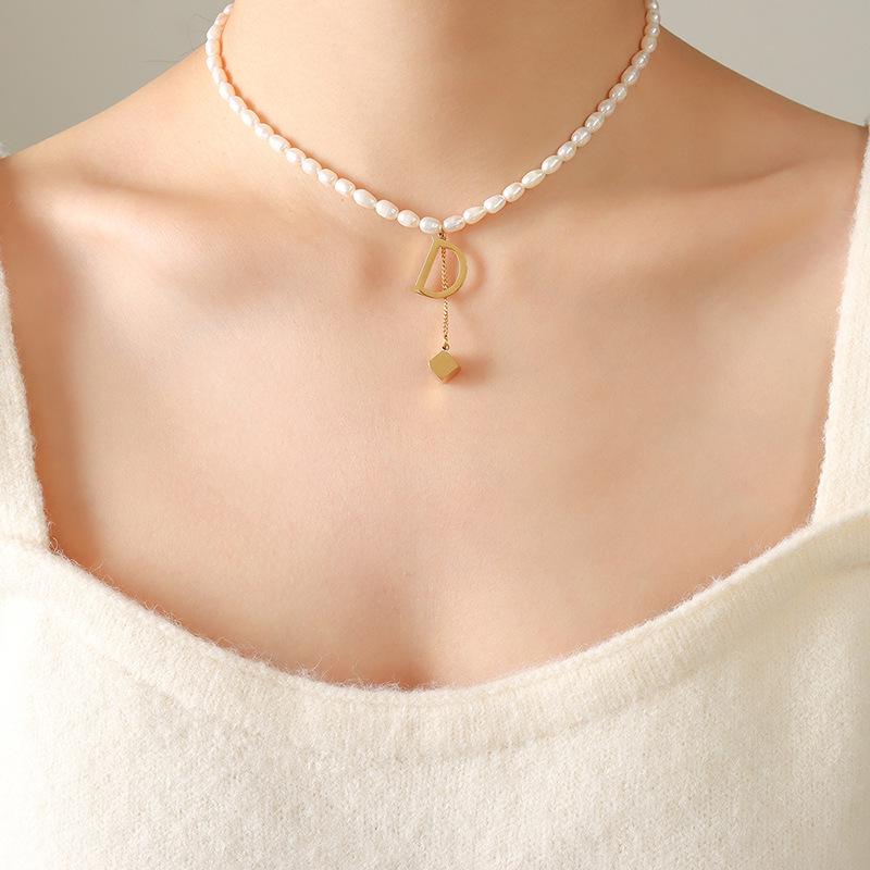 French Geometric Freshwater Pearl Necklace with Colorfast Tassel and English Letter D Pendant