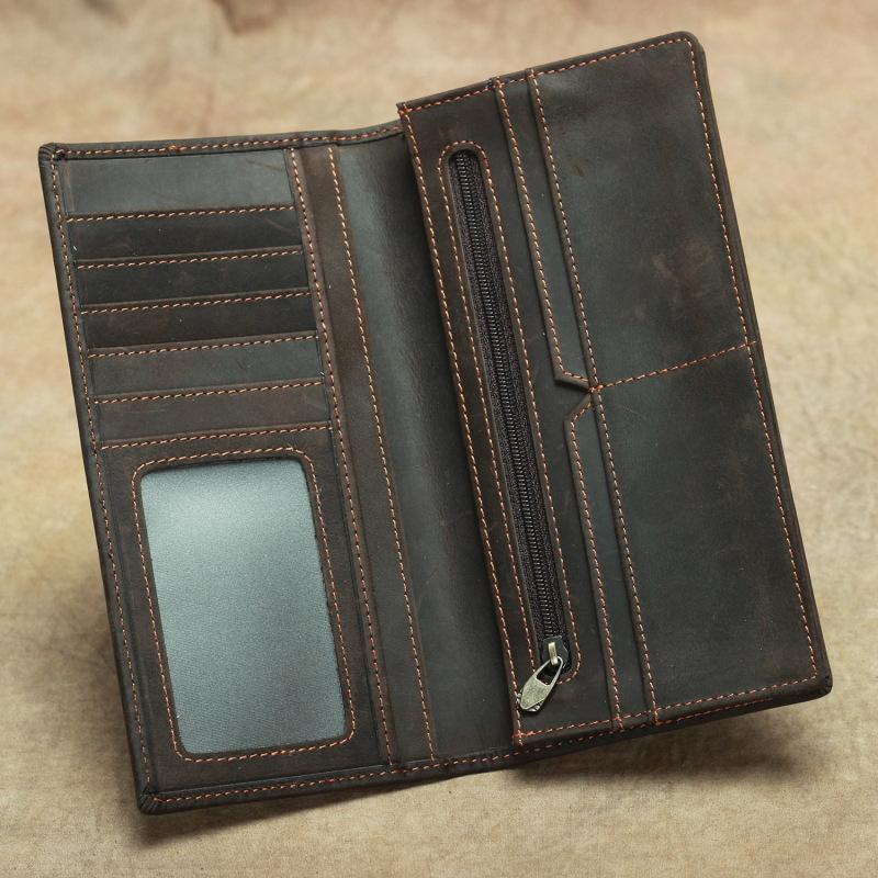 Crazy Horse Echtes Leder Bifold Lange Geldbörse für Herren Vintage Klassisch Rindsleder Herren Geldbörse Langlebiges Karten Bargeld Portemonnaie