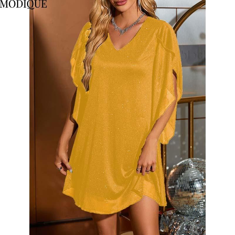 MODIQUE 2025 Summer New Ladies Sexy Elegant Deep V-Neck X-Line Sequin Mesh Cape Sleeve Short Dress