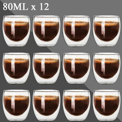 Tasse à Thé en Verre à Double Paroi 80ML 2/12PCS Transparente Faite à la Main Résistante à la Chaleur pour Thé Boisson Whisky Vin Ensemble Tasses à Café Espresso Lait Cadeau