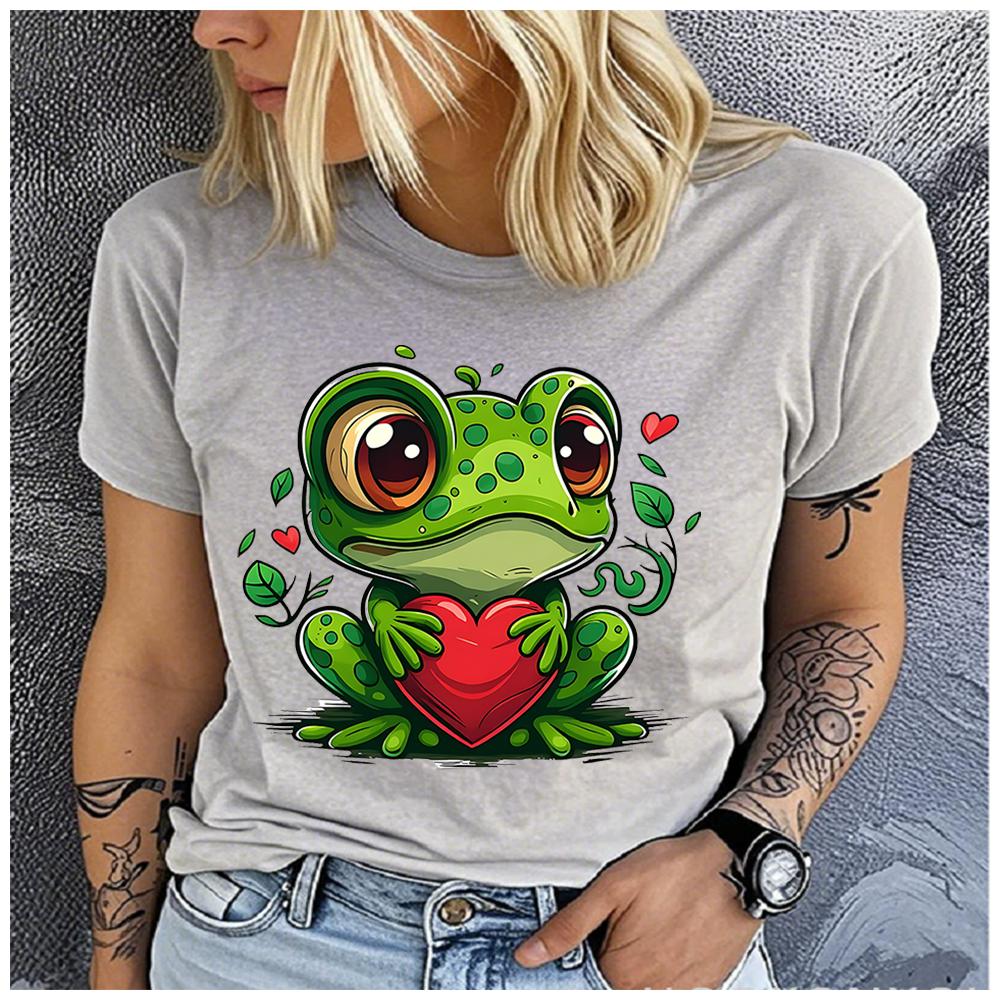 Unisex 100% Polyester Summer Top Cartoon heart-shaped frog Print Loose round Neck Short Sleeve Fashion for Lovers