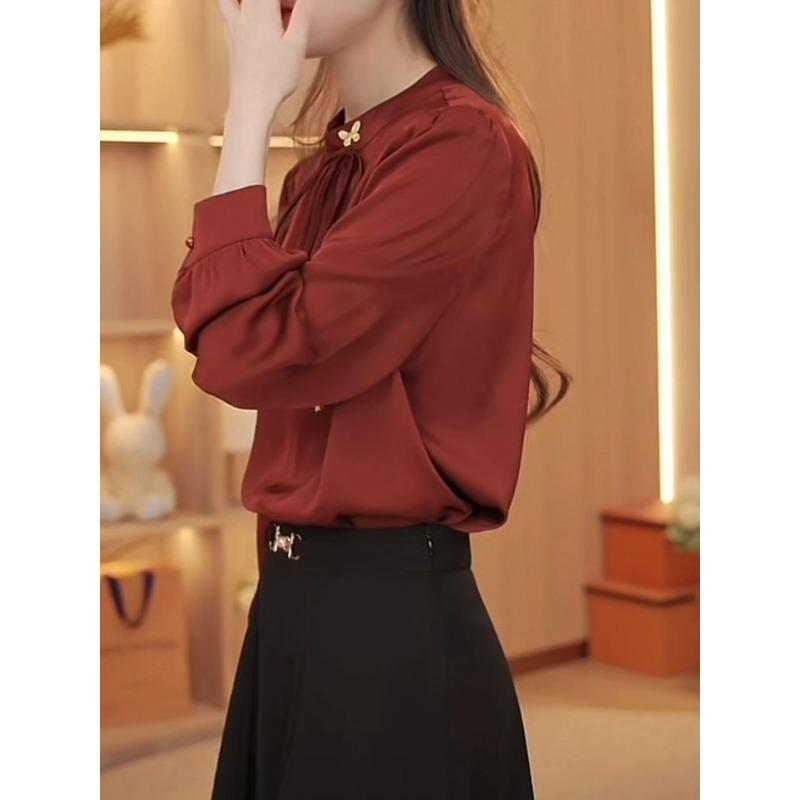 2024 Autumn New Chiffon Satin Long Sleeve Round Neck Shirt Commuting Bow Versatile Elegant Pullover