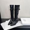 Leather inner height increase retro belt buckle thick heel boots but knee thin knight boots pointed pleated pile boots
