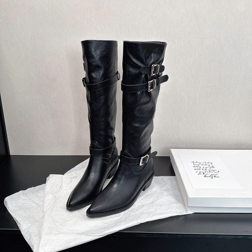 Leather inner height increase retro belt buckle thick heel boots but knee thin knight boots pointed pleated pile boots