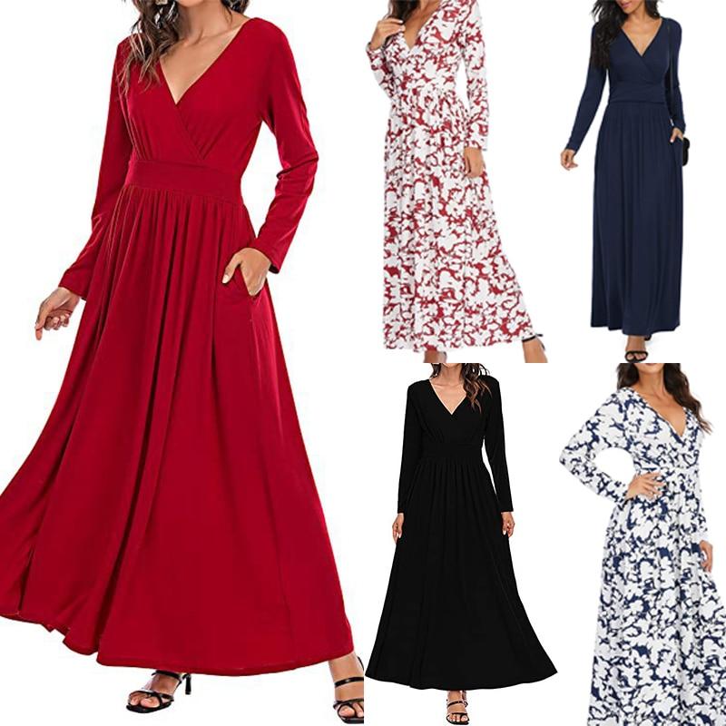 Buy Floral Pattern Wrap Long Dress Women Vneck Long Sleeve Dresses