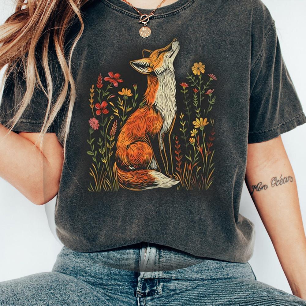 Vintage Wildflower Fox Comfort Shirts Light Academia Cottagecore Forestcore Whimsical Shirt Casual Daily Y2K Top Streetwear