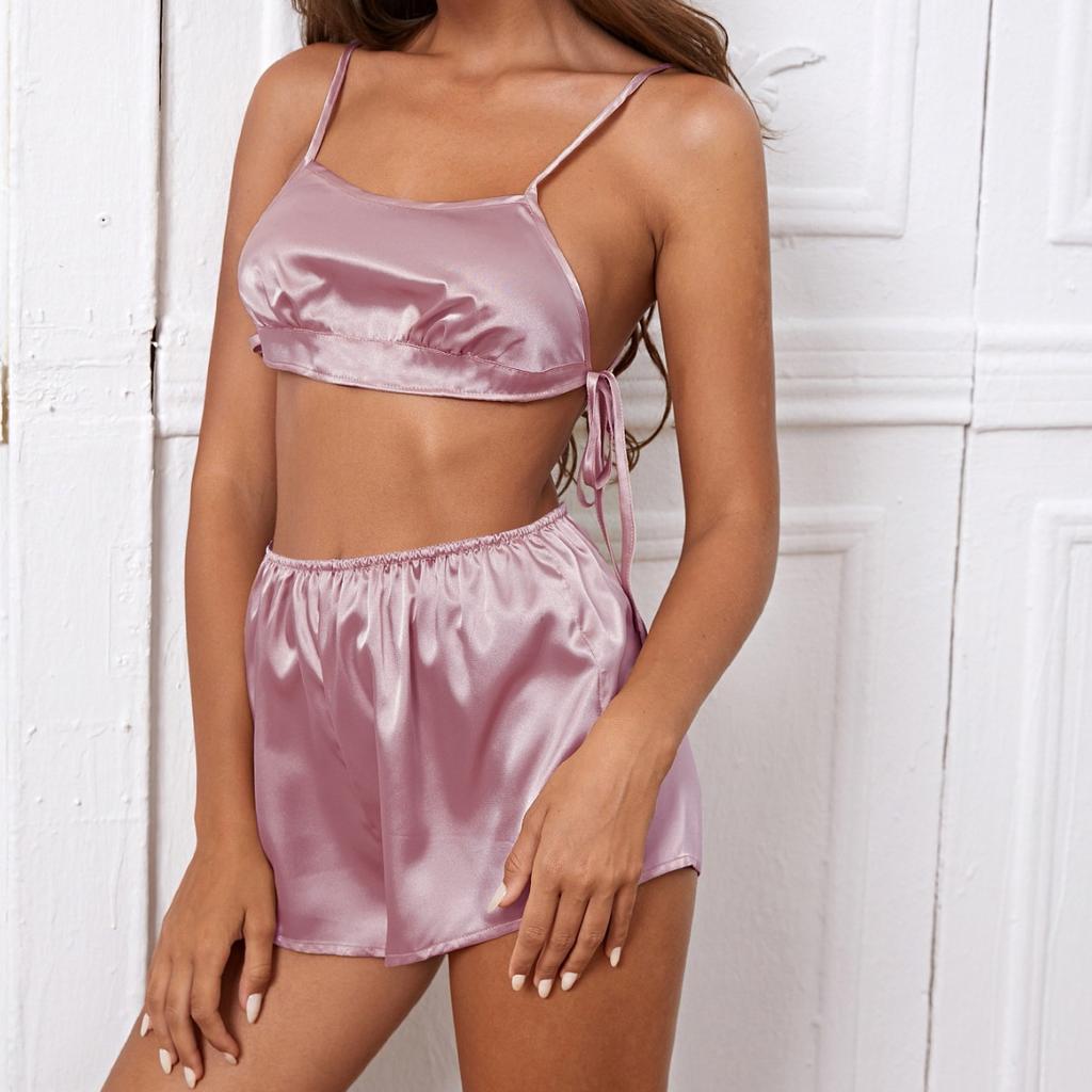 Damen Hot Sexy Ice Silk Volltonfarbe Pyjama Sexy Hosenträger Shorts Set Homewear Zweiteiliges Set