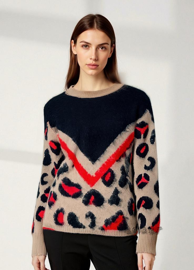 Herbst und Winter neue europäische und amerikanische Damenbekleidung Plüschdruck Strickpullover Rundhals Leopardenmuster Pullover Damen