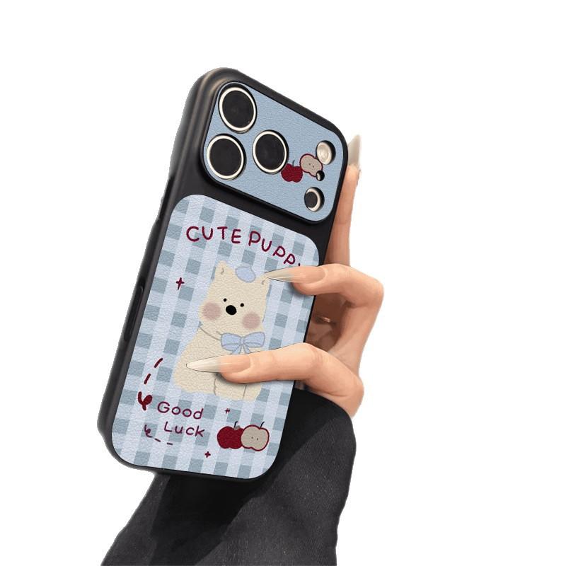 Blue grid milk dog is suitable for iPhone17promax mobile phone case Apple 16pro new 15pro niche 16 leather.
