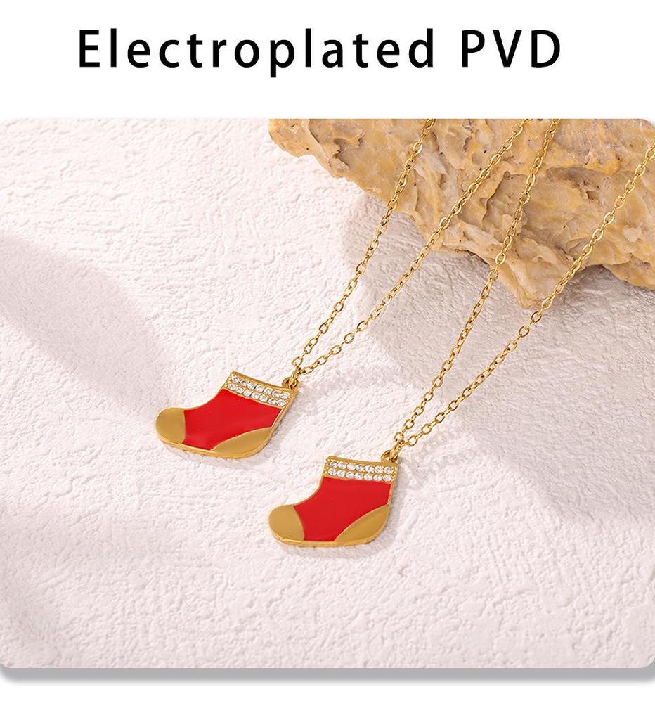 Mi Duoduo Christmas Gift: Cute Red Socks Pendant Necklace with Zircon, Gold-Plated Stainless Steel