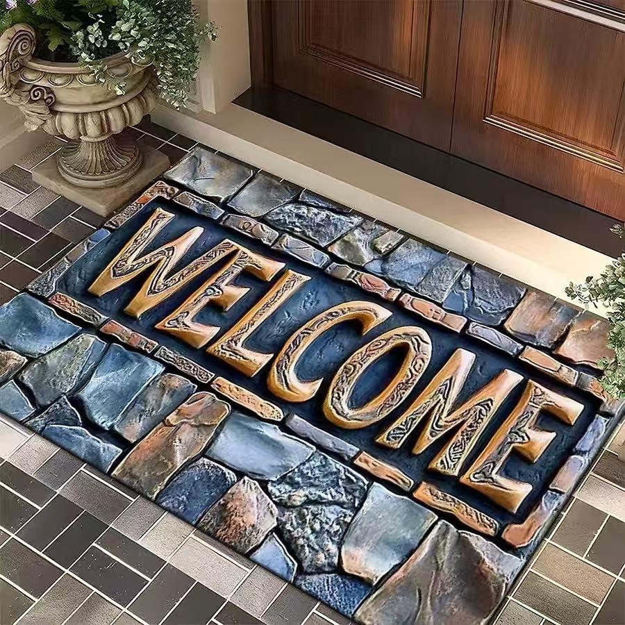 3D Vintage Stone Texture Welcome Doormat Collection Anti-Slip Entrance Rug With Artistic Embossed Design For Home Decor