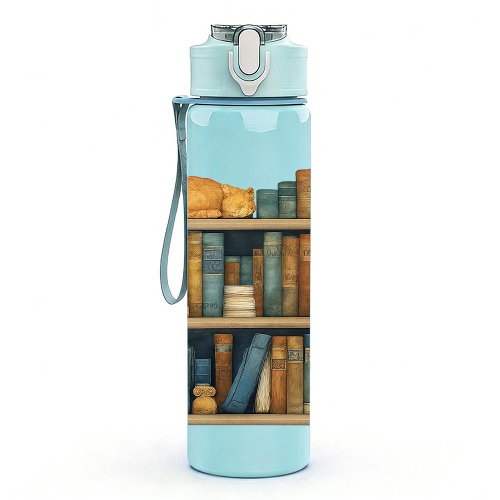 1PC Vintage Bookshelf Book Stack Print 750ml Color Plastic Sports Water Bottle Leakproof Flip Straw Lid Suitable for Sports Office Home Use