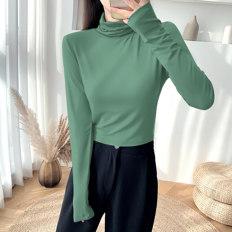 Kadın Dar Kesim Yüksek Yakalı Crop Top Uzun Kollu Gömlek