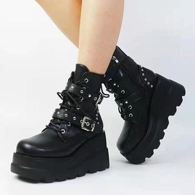 Fashion Autumn Winter Women's PU Leather Ankle Boots Punk Style Motorcycle Platform Boots Women Thick Bottom Black Gothic Lolita Shoes