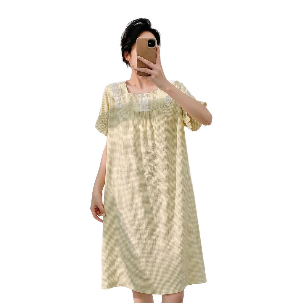 Princess style pajamas women's spring and summer new cloud cotton yarn-dyed lattice short-sleeved sweet nightdress loungewear with chest pad