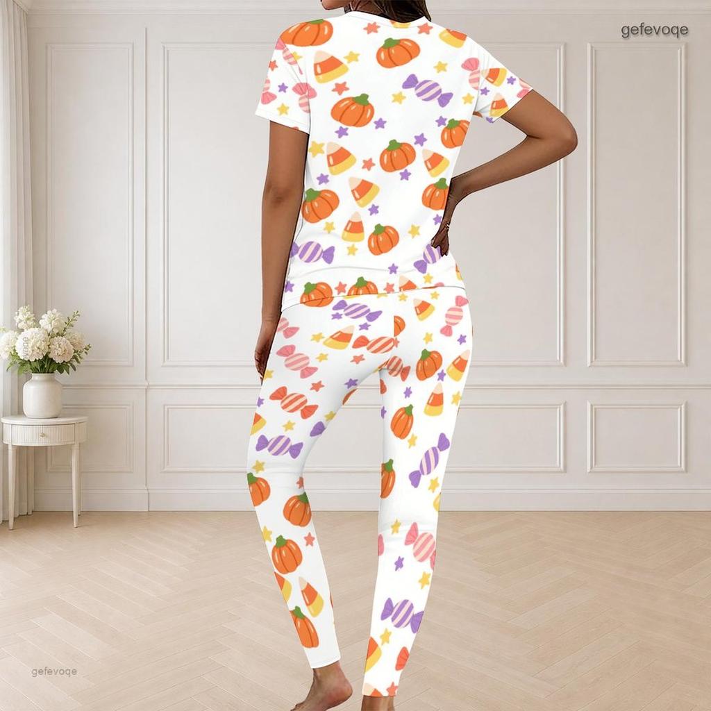 Women Plus Size V Neck Short Sleeve Pajama Set Pumpkin Bat Bow Print White Loungewear