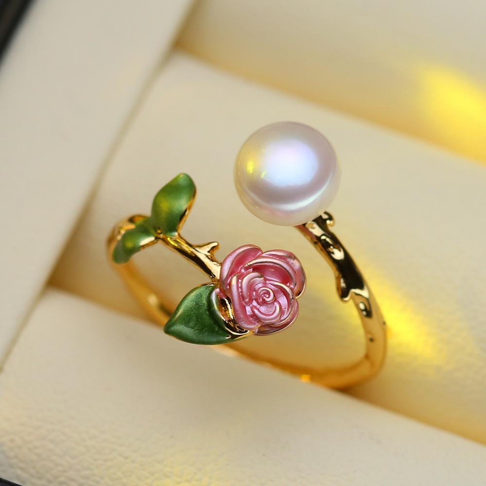 seniko Anelli di perle d'acqua dolce naturali per le donne Moda femminile Cubic Zirconia CZ Anello fiore Anello regolabile per gioielli con perle