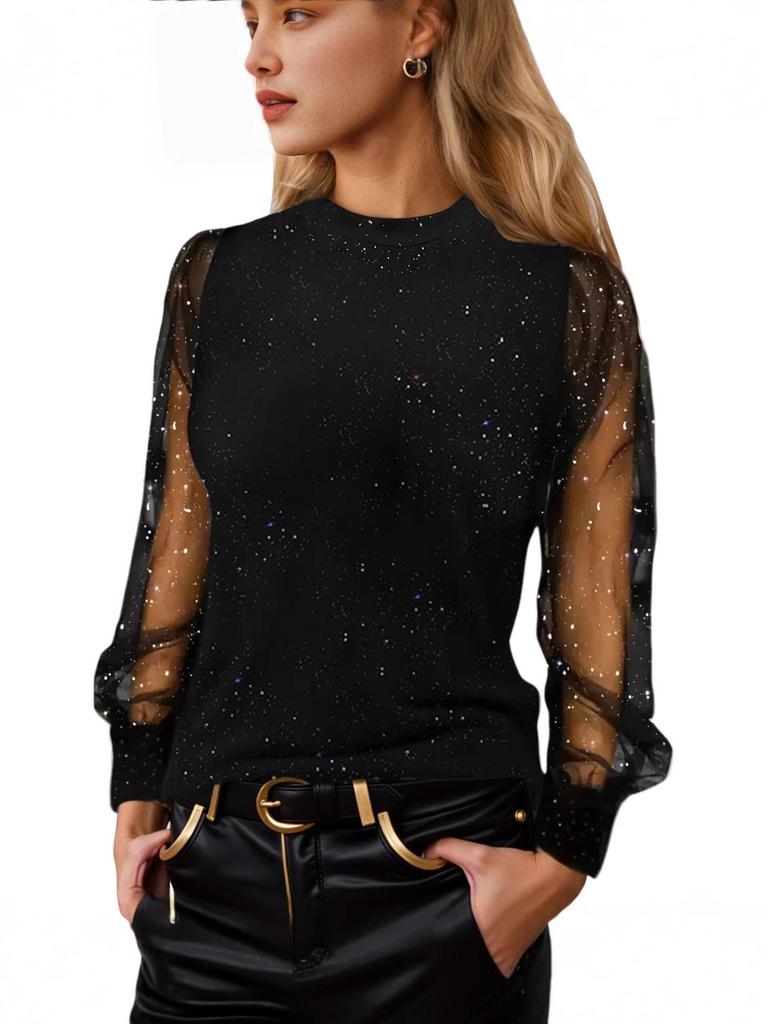2026 European Glitter Long Sleeve Women's Casual Loose Round Neck T-shirt Top