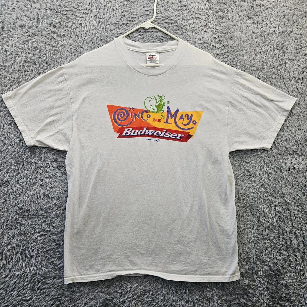 Vintage 100% Cotton T-shirt Mens Tees Top Budweiser XL Cinco De Mayo 1999 Hanes Stedman *Faint Stains