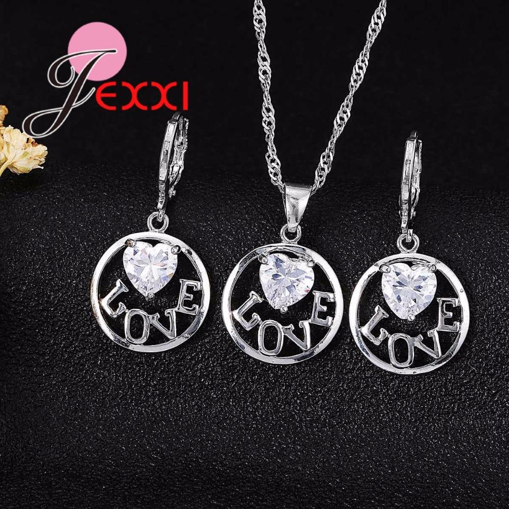 Cute Genuine 925 Sterling Silver Jewelry Set White AAA CZ Heart LOVE Pendant Necklace and Earrings Jewelry Sets For Women