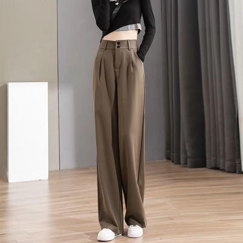 Gray High-Waisted Wide-Leg Pants for Women - Spring Plus Size, Drapey Straight Casual Suit