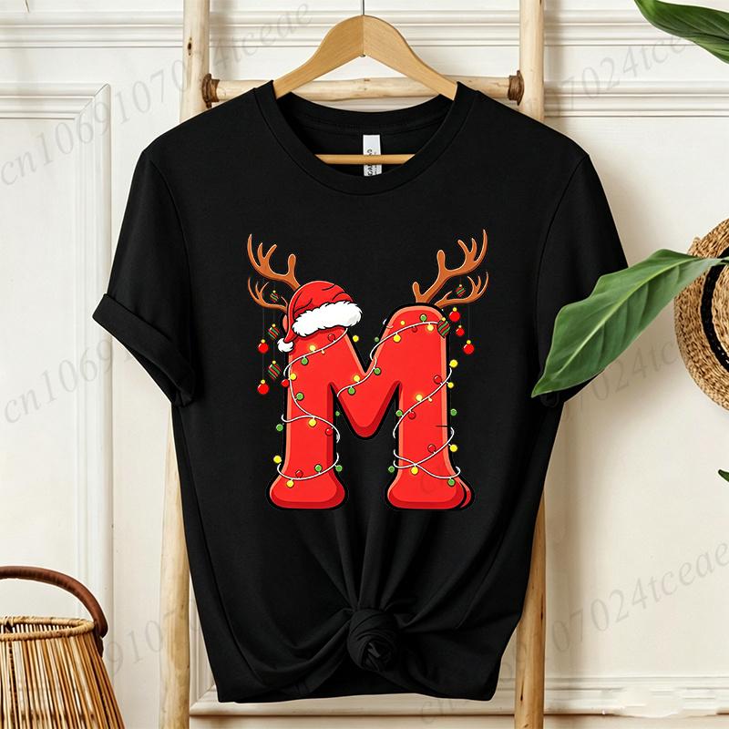 Cute Cartoon Xmas Initial A~Z Graphic T Shirts Christmas Reindeer Lights Print T-Shirts Holiday Party Family Matching Tshirts