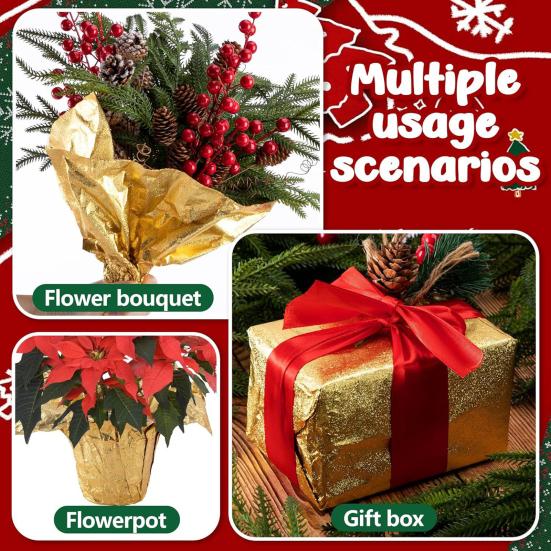 10 Yard Floral Foil Plant Pot Covers Red/Golden Matte Texture Plant Pot Wrapping Paper for Christmas Home Flower Pot DIY Decor