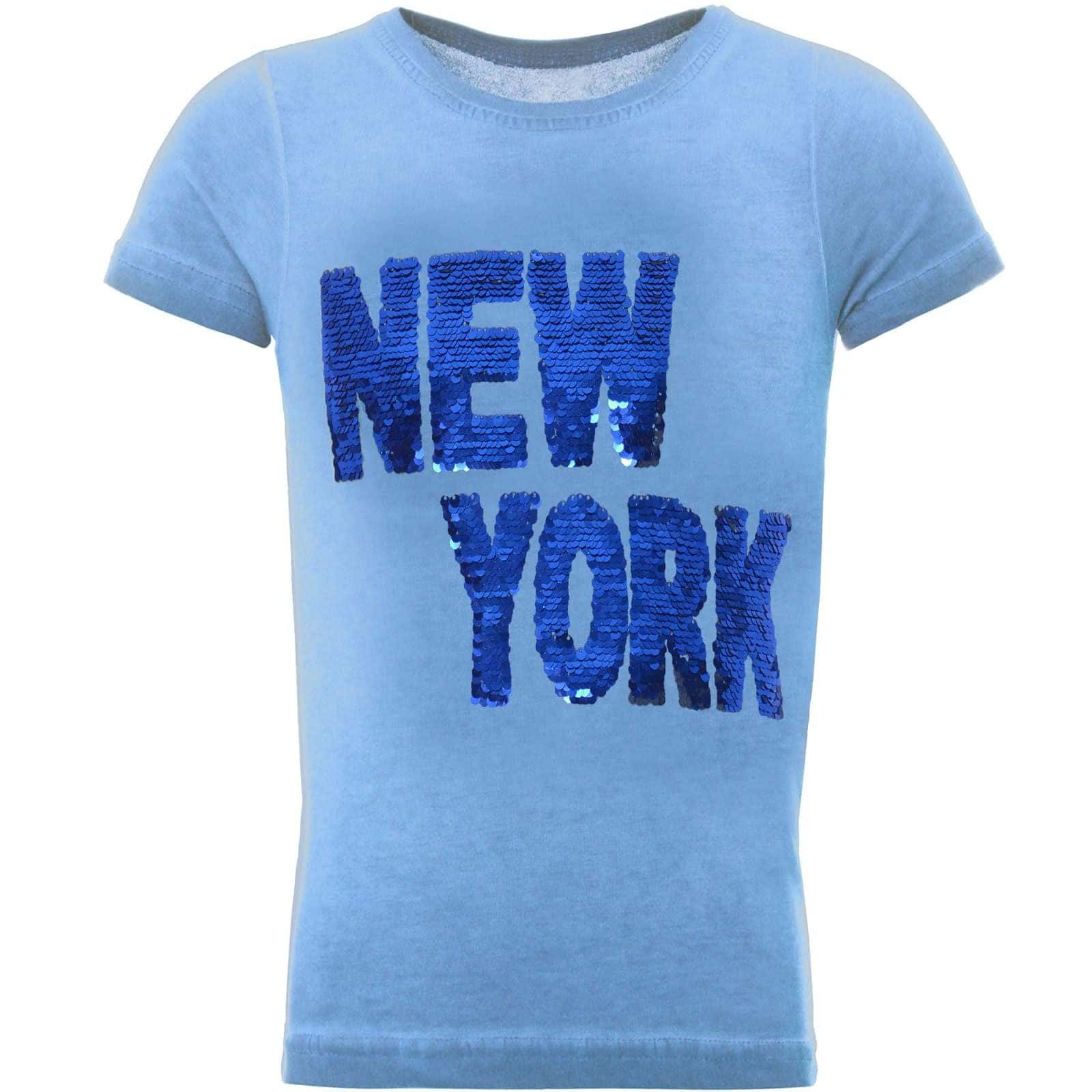 

Футболка для хлопчика з двостороннім написом з паєток 164 світло-синій колір