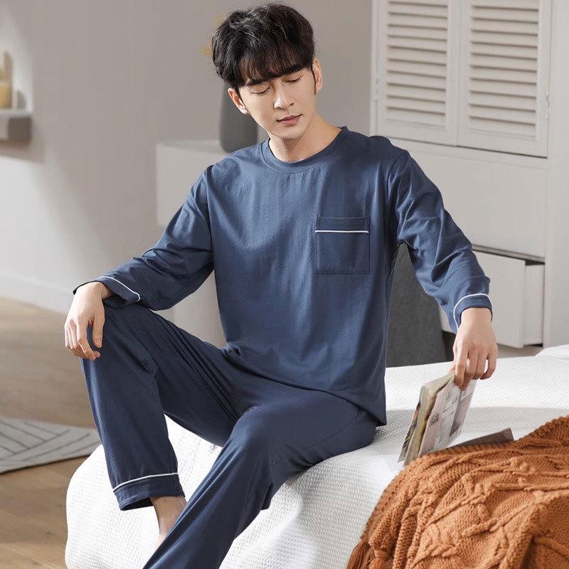 Men's Solid Color Round Neck Pajama Set - Long Sleeves & Pants, Fashionable & Versatile Homewear