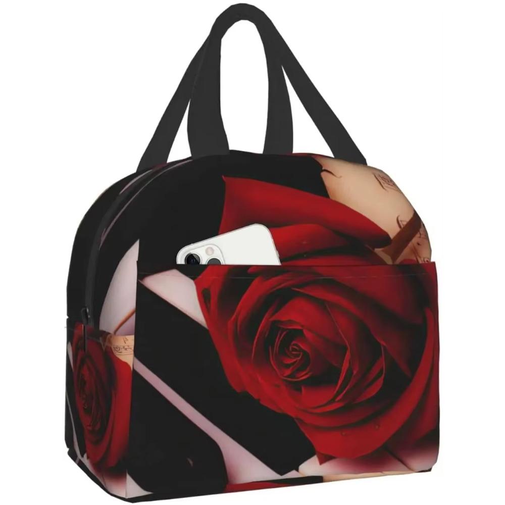 Red Rose Flowers On Gray Lunch Box Travel Bag Reusable Insulated Cooler Lunch Bags Girls Men Funny Picnic Tote Bag