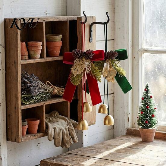 Winter Indoor Door Handle Ornaments Christmas Bow Bell Hanging Ornament, Velvet Festive Wreath Decor for Pendant with Bells Home Party, Holiday Window