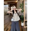Kumikumi Casual Set Women Retro Stripe Flying Sleeves Shirts Summer Loose Wide Leg Casual Pants Two-piece Set