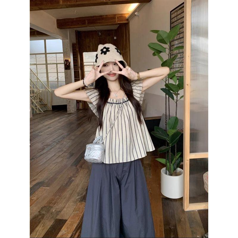 Kumikumi Casual Set Women Retro Stripe Flying Sleeves Shirts Summer Loose Wide Leg Casual Pants Two-piece Set