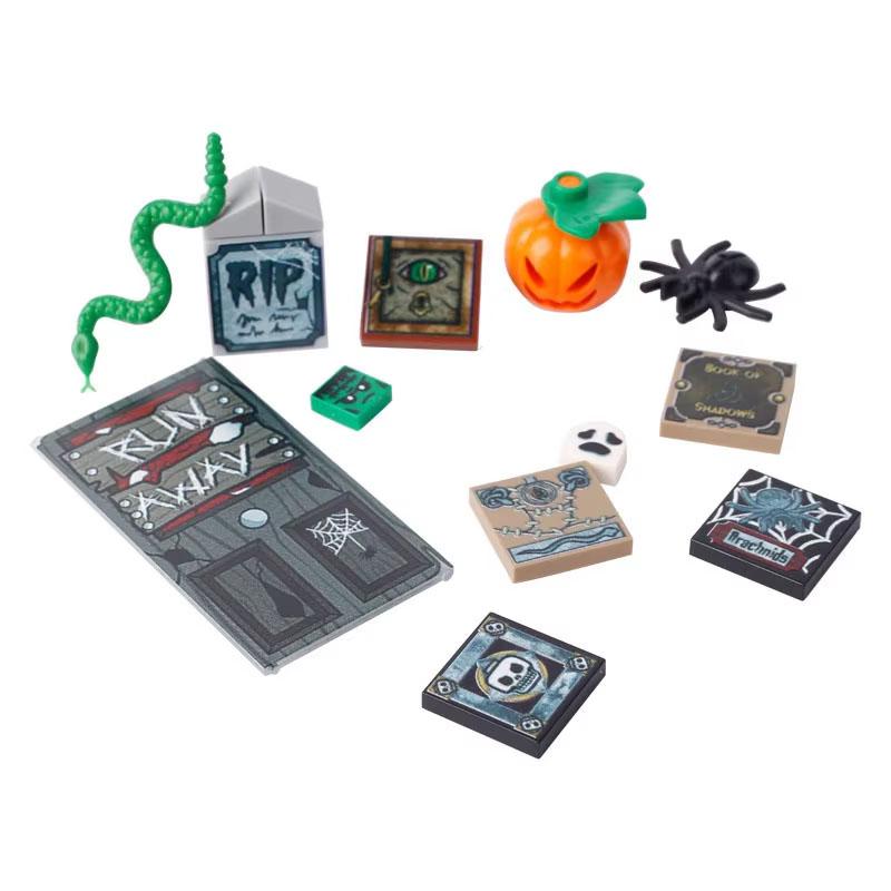 Halloween Decorative MOC Building Blocks Pumpkin Carriage Tombstone Skeleton Flame Horse Accessories Elf House Bricks Toys Gifts