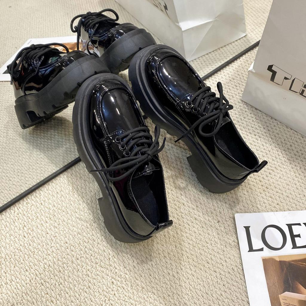 Platform Loafer Small Leather Shoes 2025 Spring New Retro British Style Black Versatile with Skirt Lace-up Small Leather Shoes