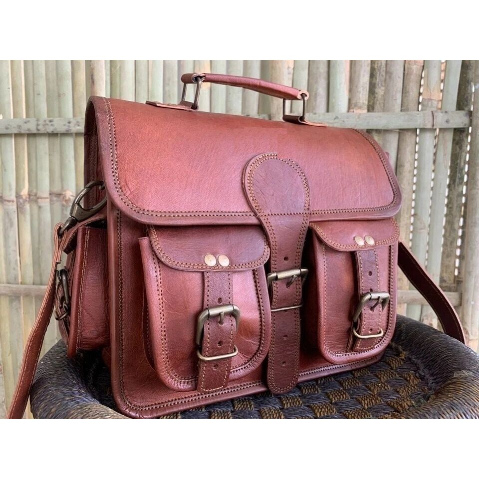 Men's goat leather messenger Real satchel bag genuine laptop brown