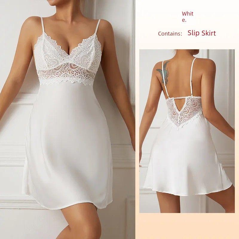 

2025 New Arrival Sexy Thin Nightdress/Sweet Lace Deep V Backless Slip Dress/Base Skirt/Beauty Back Home Wear 547 white L