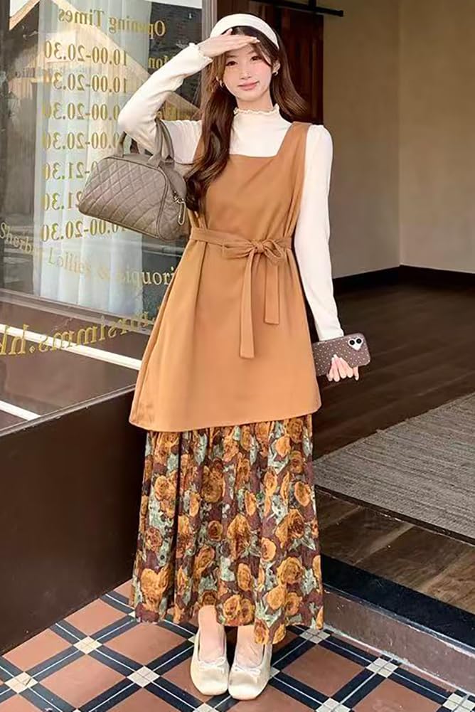 Chubikime Long Dress with Floral Faux Layered Loose and Ribbon Stylish and Feminine for and Women's Two-Piece Print, Design, A-Line, Fit, Detail.