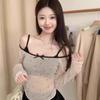 Pure Desire Off-the-shoulder Mesh Polka Dot Sexy T-shirt Long-sleeve Slim Fit Summer Sun Protection Camisole Stylish Top