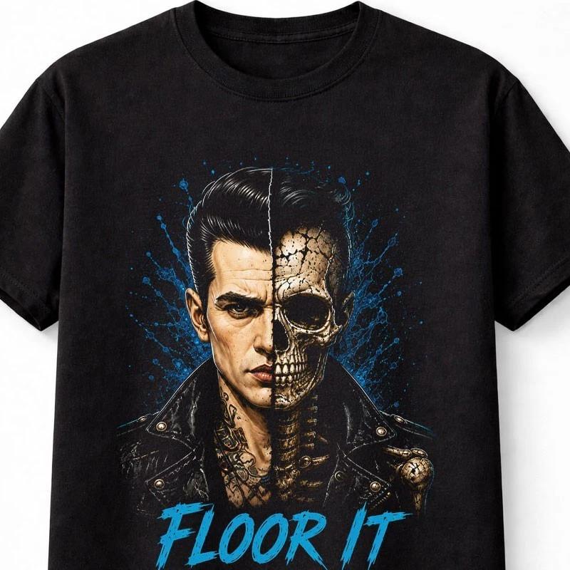 Floor It Rockabilly Skeleton Hot Rod Greaser Skull Graphic Unisex TShirt S