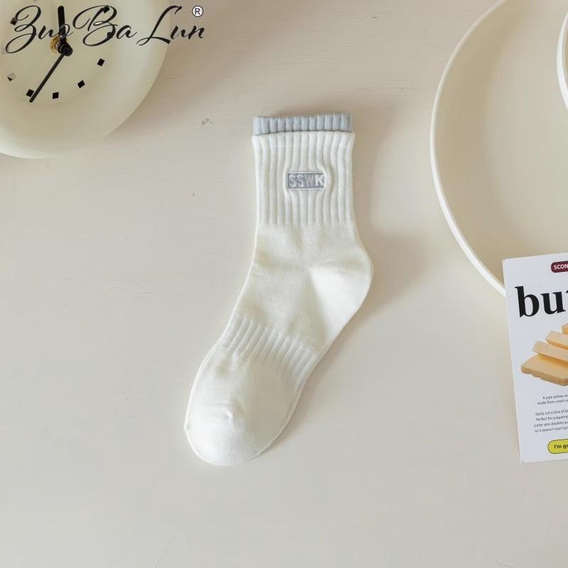 

Белые носки с двойными манжетами Женские осенне-зимние новые носки средней длины Хлопковые носки Дышащие носки с надписями Спортивные женские носки One size серый