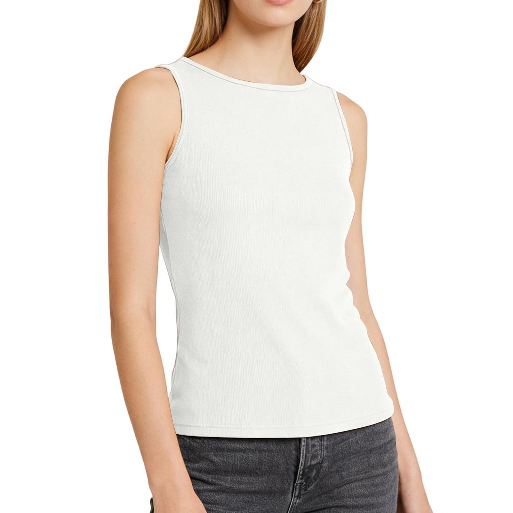 Women Wide Shoulder Padded Tank Top Round Neck Yoga Vest Ribbed Knit Undergarment Basic Layer Sleeveless Sportswear