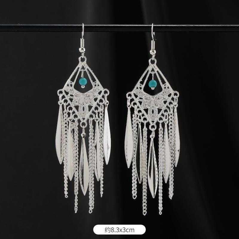 Retro Handmade Miao Silver Fringed Earrings Inlaid Turquoise Long Earrings Female Exotic Yunnan Dance Earrings